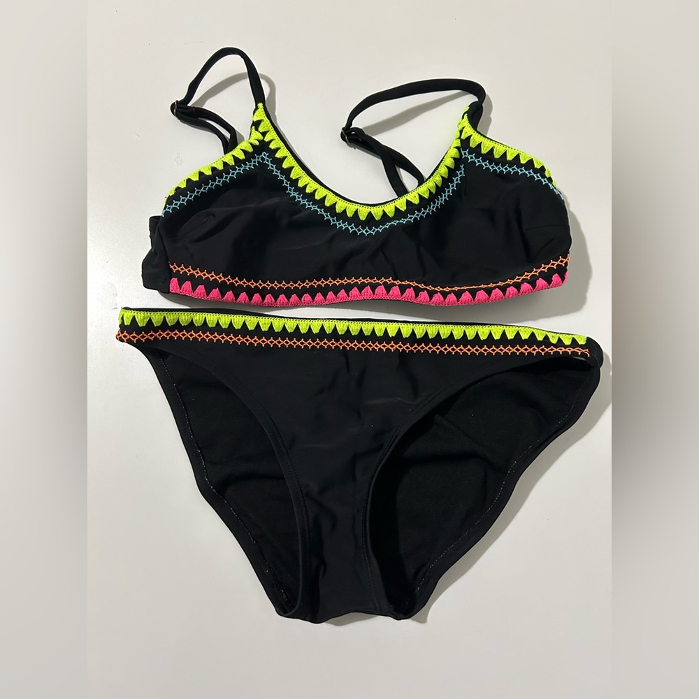 Xhilaration Black Bikini Set Neon Embroidered Trim Girl Size S